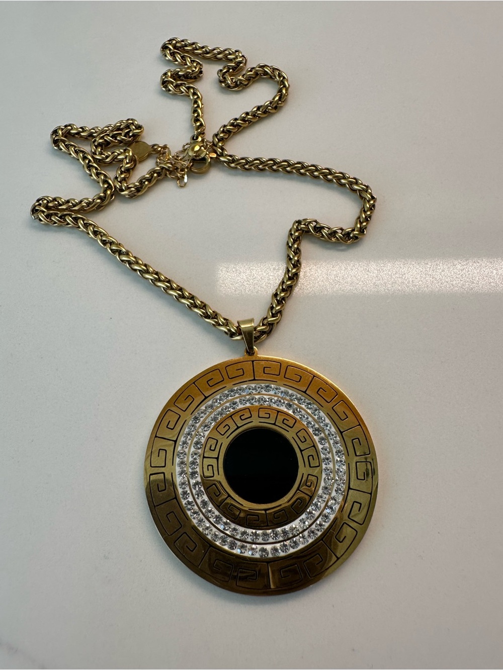 Vera Bradley Gold-Tone Round Pendant Necklace with Black Center and Crystal Ring